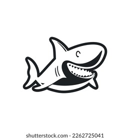 Black and white Simple logo with a charming cheerful shark.