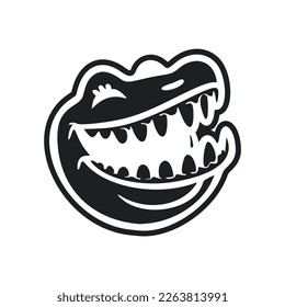Black and white Simple logo with a charming cheerful crocodile.