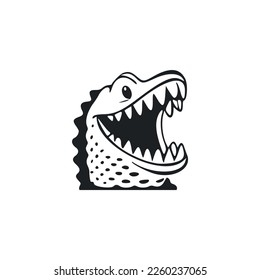 Black and white Simple logo with a cute Cheerful crocodile.