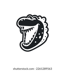 Black and white Simple logo with a cute Cheerful crocodile.