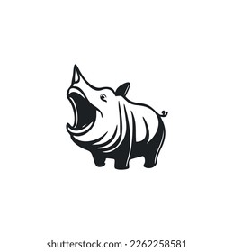 Black and white Simple logo with a cute Cheerful hippo.