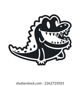 Black and white Simple logo with a cute Cheerful crocodile.