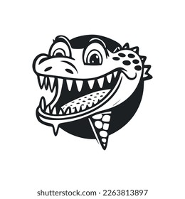Black and white Simple logo with a cute Cheerful crocodile.