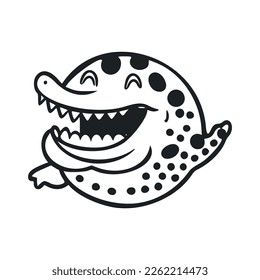 Black and white Simple logo with Lovely Cheerful crocodile.