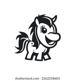 Logotipo simple negro y blanco con poni alegre.
