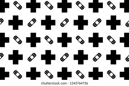 Black and white simple medical cross and  plaster icon silhouette pattern background illustration in vector.