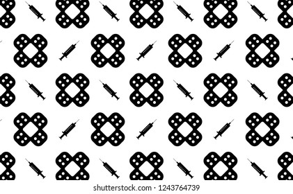 Black and white simple medical cross plaster and syringe icon silhouette pattern background illustration in vector.