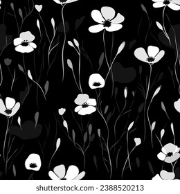 Black and white simple poppy flowers and buds, gloomy dark seamless pattern, vector