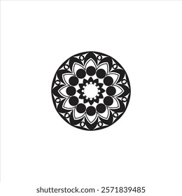 Black white simple round flower mandala design.