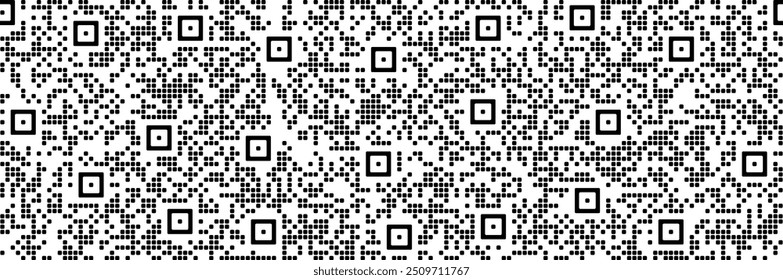 Schwarz-weiß einfaches nahtloses Muster mit zufälligen Quadraten als QR-Code. Binäre Nachricht für ein elektronisches Gerät und einen Scanner. Abstrakte Vektorgeometrie bg