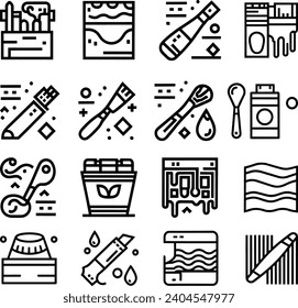 Black and white Simple Set of Brushes and Painting Related Vector Line Icons. Contains such Icons as Spray, Color palette, Paint Bucket and more Editable Stroke