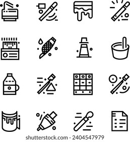 Conjunto simple y en blanco y negro de pinceles e iconos de línea de vectores relacionados con la pintura. Contiene iconos como pulverización, paleta de color, cubo de pintura y más trazos editables