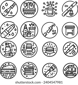 Black and white Simple Set of Brushes and Painting Related Vector Line Icons. Contains such Icons as Spray, Color palette, Paint Bucket and more Editable Stroke