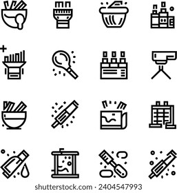 Black and white Simple Set of Brushes and Painting Related Vector Line Icons. Contains such Icons as Spray, Color palette, Paint Bucket and more Editable Stroke