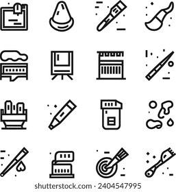 Schwarz-Weiß Einfache Zusammenstellung von Pinselspitzen und Malereisymbolen für Vektorlinien. Enthält Symbole wie Spray, Farbpalette, Paint Bucket und weitere bearbeitbare Stroke