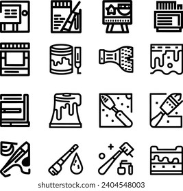 Black and white Simple Set of Brushes and Painting Related Vector Line Icons. Contains such Icons as Spray, Color palette, Paint Bucket and more Editable Stroke