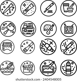 Black and white Simple Set of Brushes and Painting Related Vector Line Icons. Contains such Icons as Spray, Color palette, Paint Bucket and more Editable Stroke
