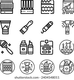 Black and white Simple Set of Brushes and Painting Related Vector Line Icons. Contains such Icons as Spray, Color palette, Paint Bucket and more Editable Stroke