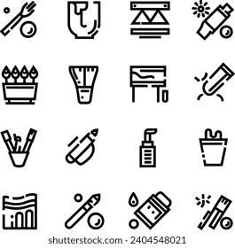 Black and white Simple Set of Brushes and Painting Related Vector Line Icons. Contains such Icons as Spray, Color palette, Paint Bucket and more Editable Stroke