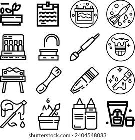 Black and white Simple Set of Brushes and Painting Related Vector Line Icons. Contains such Icons as Spray, Color palette, Paint Bucket and more Editable Stroke