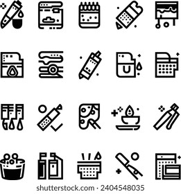 Black and white Simple Set of Brushes and Painting Related Vector Line Icons. Contains such Icons as Spray, Color palette, Paint Bucket and more Editable Stroke