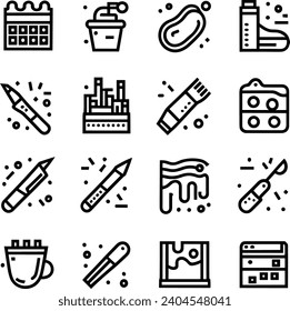 Black and white Simple Set of Brushes and Painting Related Vector Line Icons. Contains such Icons as Spray, Color palette, Paint Bucket and more Editable Stroke