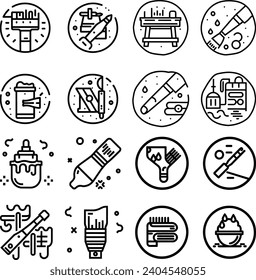 Black and white Simple Set of Brushes and Painting Related Vector Line Icons. Contains such Icons as Spray, Color palette, Paint Bucket and more Editable Stroke