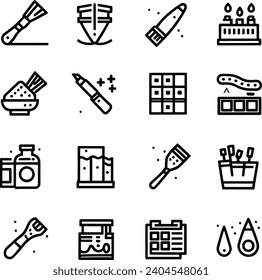 Black and white Simple Set of Brushes and Painting Related Vector Line Icons. Contains such Icons as Spray, Color palette, Paint Bucket and more Editable Stroke