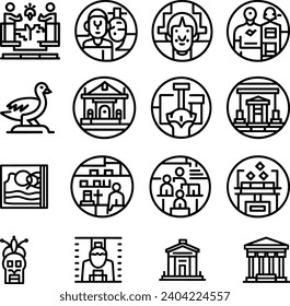 Black and white Simple Set of Museum Related Vector Line Icons. Contains such Icons as Tourist Group, Sculpture, Art Gallery and more