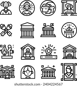 Black and white Simple Set of Museum Related Vector Line Icons. Contains such Icons as Tourist Group, Sculpture, Art Gallery and more
