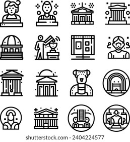 Black and white Simple Set of Museum Related Vector Line Icons. Contains such Icons as Tourist Group, Sculpture, Art Gallery and more