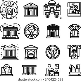 Black and white Simple Set of Museum Related Vector Line Icons. Contains such Icons as Tourist Group, Sculpture, Art Gallery and more