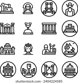 Black and white Simple Set of Museum Related Vector Line Icons. Contains such Icons as Tourist Group, Sculpture, Art Gallery and more