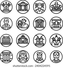 Black and white Simple Set of Museum Related Vector Line Icons. Contains such Icons as Tourist Group, Sculpture, Art Gallery and more