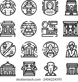 Black and white Simple Set of Museum Related Vector Line Icons. Contains such Icons as Tourist Group, Sculpture, Art Gallery and more