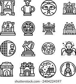 Black and white Simple Set of Museum Related Vector Line Icons. Contains such Icons as Tourist Group, Sculpture, Art Gallery and more