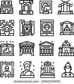 Schwarz-Weiß-Einfache Sammlung von Museumsbildern mit Vektorgrafiken. Enthält Symbole wie Touristengruppe, Skulptur, Kunstgalerie und mehr