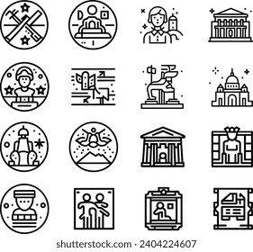 Conjunto simple y en blanco y negro de iconos de línea de vectores relacionados con el Museo. Contiene íconos como Grupo Turístico, Escultura, Galería de Arte y más