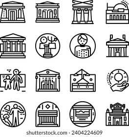 Conjunto simple y en blanco y negro de iconos de línea de vectores relacionados con el Museo. Contiene íconos como Grupo Turístico, Escultura, Galería de Arte y más