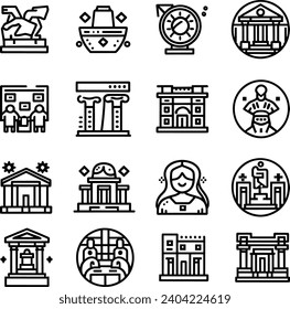 Black and white Simple Set of Museum Related Vector Line Icons. Contains such Icons as Tourist Group, Sculpture, Art Gallery and more