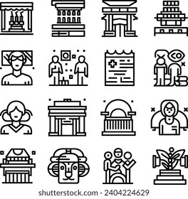 Black and white Simple Set of Museum Related Vector Line Icons. Contains such Icons as Tourist Group, Sculpture, Art Gallery and more