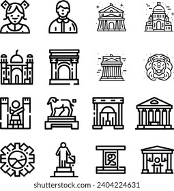 Black and white Simple Set of Museum Related Vector Line Icons. Contains such Icons as Tourist Group, Sculpture, Art Gallery and more