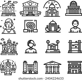 Black and white Simple Set of Museum Related Vector Line Icons. Contains such Icons as Tourist Group, Sculpture, Art Gallery and more
