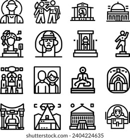 Black and white Simple Set of Museum Related Vector Line Icons. Contains such Icons as Tourist Group, Sculpture, Art Gallery and more