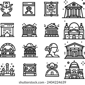 Black and white Simple Set of Museum Related Vector Line Icons. Contains such Icons as Tourist Group, Sculpture, Art Gallery and more