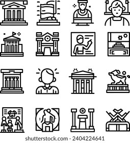 Black and white Simple Set of Museum Related Vector Line Icons. Contains such Icons as Tourist Group, Sculpture, Art Gallery and more