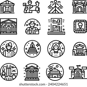 Black and white Simple Set of Museum Related Vector Line Icons. Contains such Icons as Tourist Group, Sculpture, Art Gallery and more