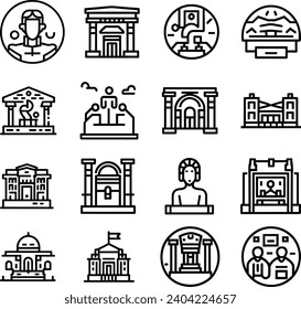 Black and white Simple Set of Museum Related Vector Line Icons. Contains such Icons as Tourist Group, Sculpture, Art Gallery and more