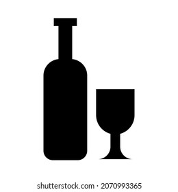 Black and white simple silhouette of glass bottle and wine glass. Vector flat icon of glassware for drinking