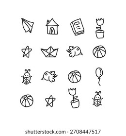 Black and White Simple Sketch Collection of Toys and Nursery Items.
